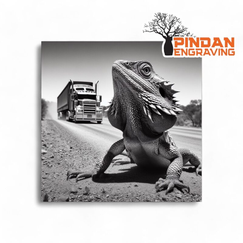 Road train and frilled neck lizard slate coaster