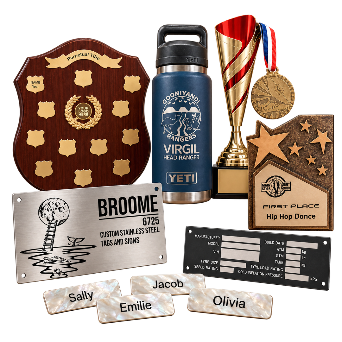 Engraved YETI drinkware, trophies, stainless steel signs, asset plates and pearl shell name badges by Pindan Engraving Broome