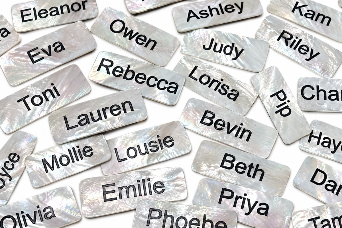 Pearl shell name badges engraved in Broome
