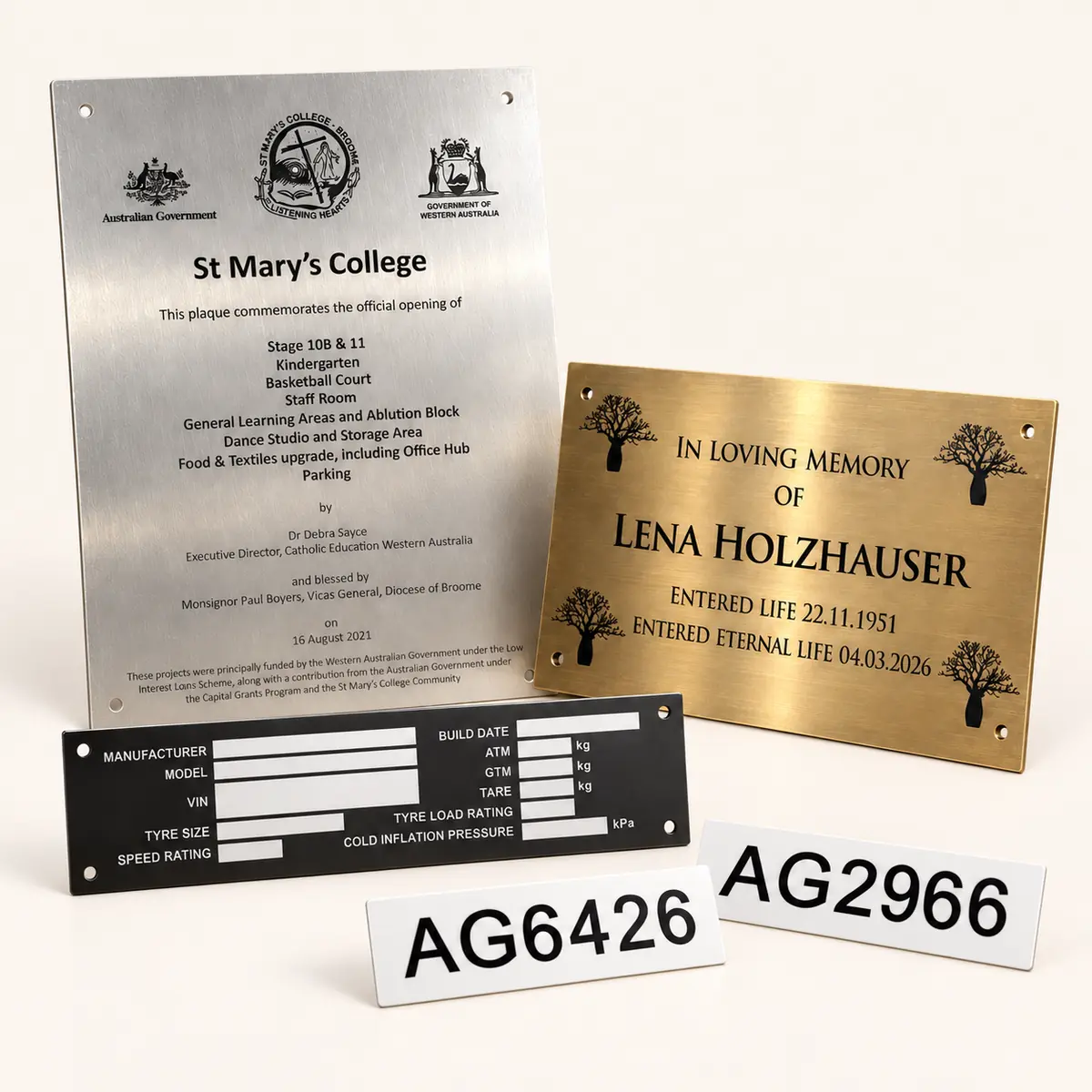 Commercial metal engraving, asset labels and custom plaques made by Pindan Engraving in Broome.