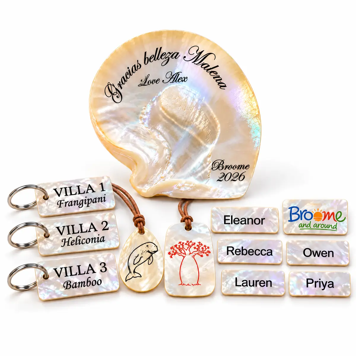 Custom engraved pearl-shell awards, name badges, key tags and pendants made in Broome.