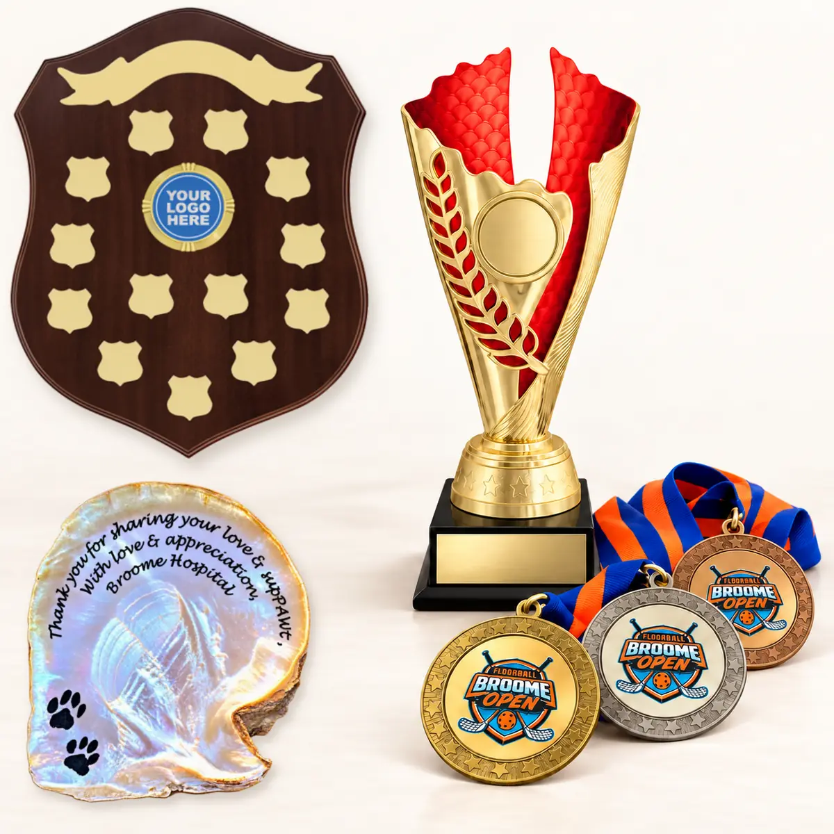 Perpetual shield, modern trophy, Broome Open medals and custom pearl-shell award from Pindan Engraving in Broome.