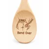 Bend Over engraved wooden spoon, close-up of the engraved bowl on a white background