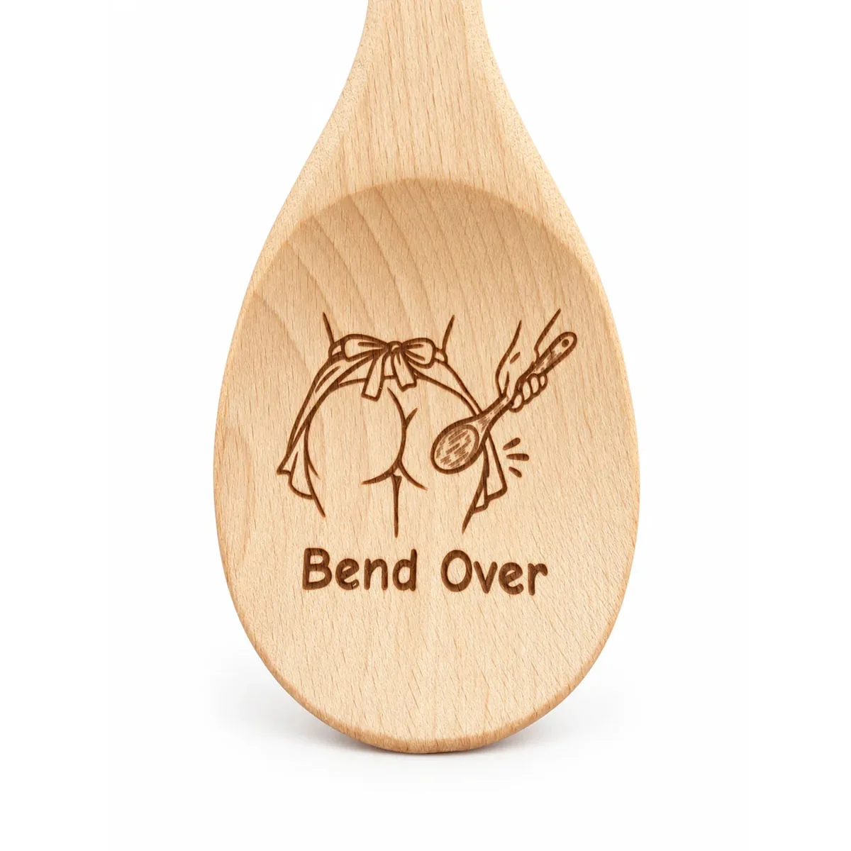 Bend Over engraved wooden spoon, close-up of the engraved bowl on a white background