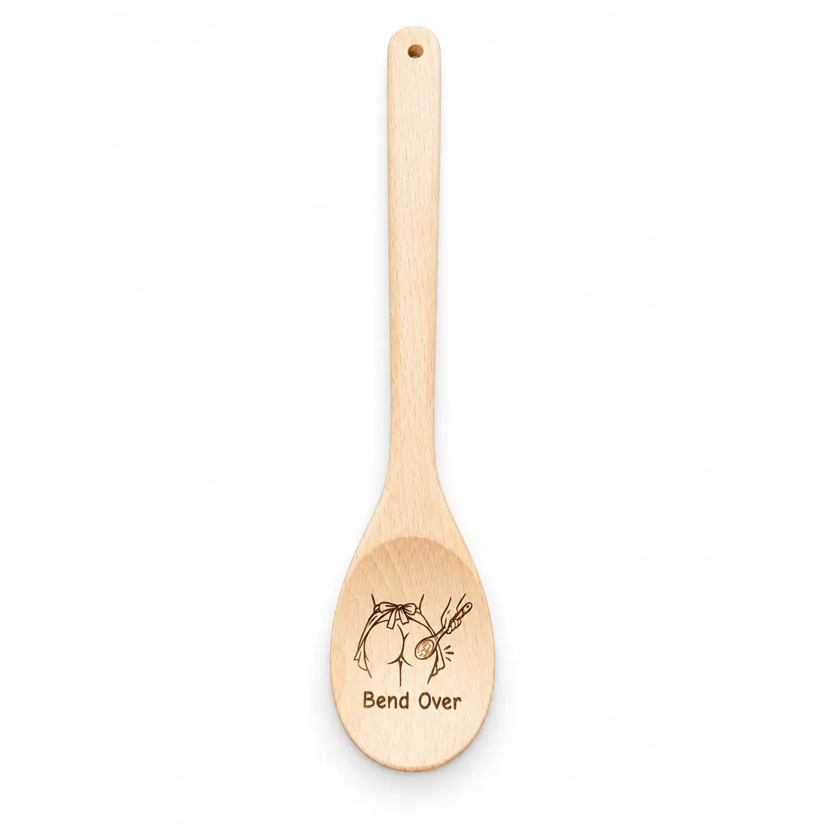 Bend Over engraved wooden spoon, full length on a white background