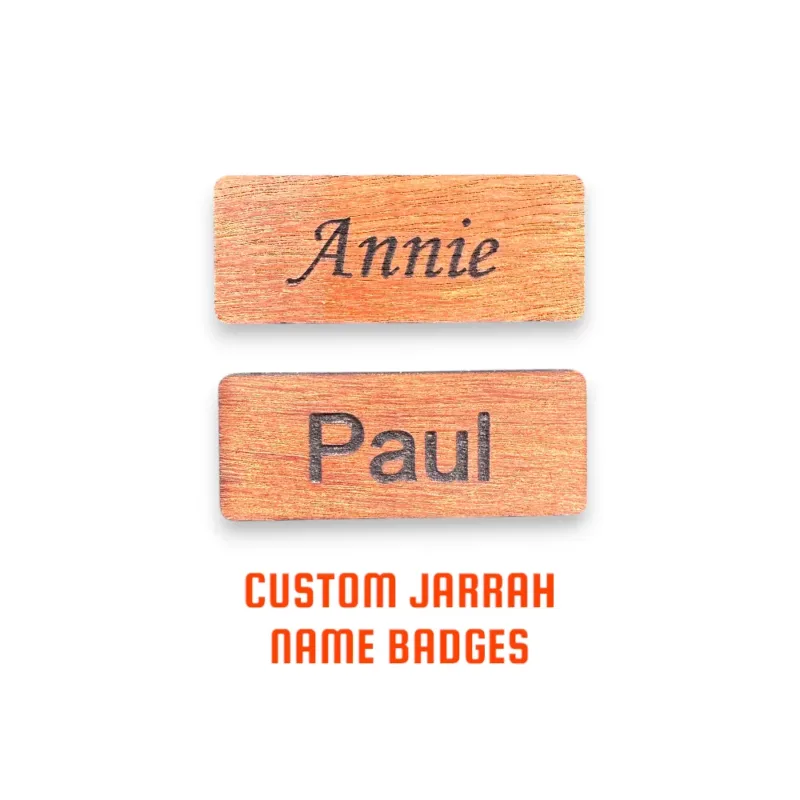 Custom laser engraved jarrah name badges made in Broome
