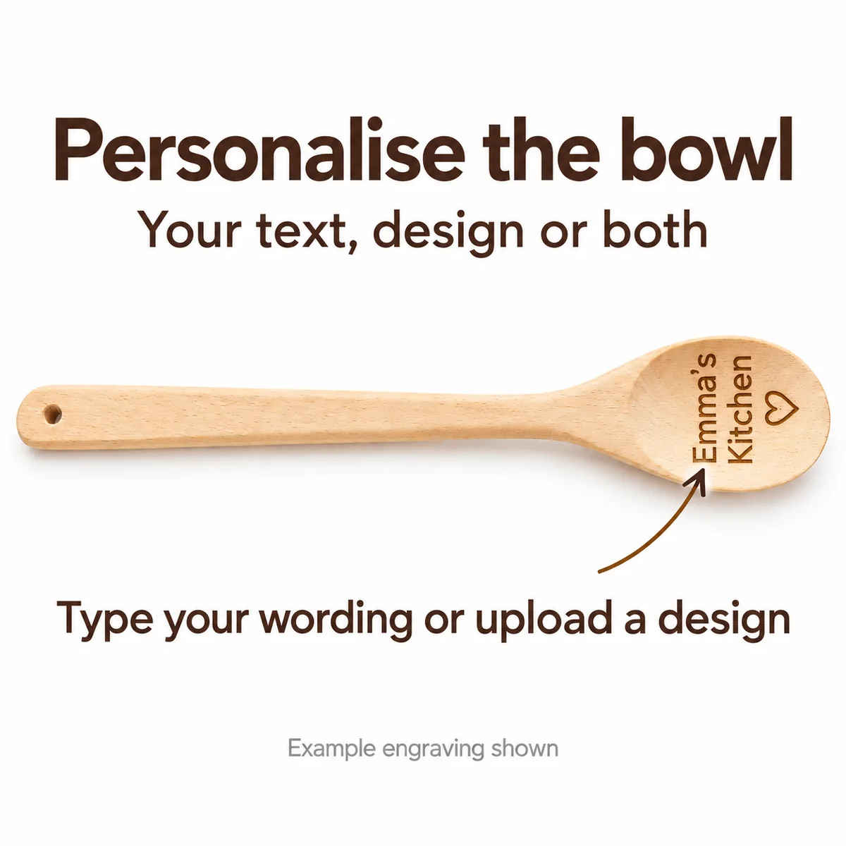 Custom wooden spoon bowl with example Emma’s Kitchen text and heart design oriented to read upright when held handle-up.