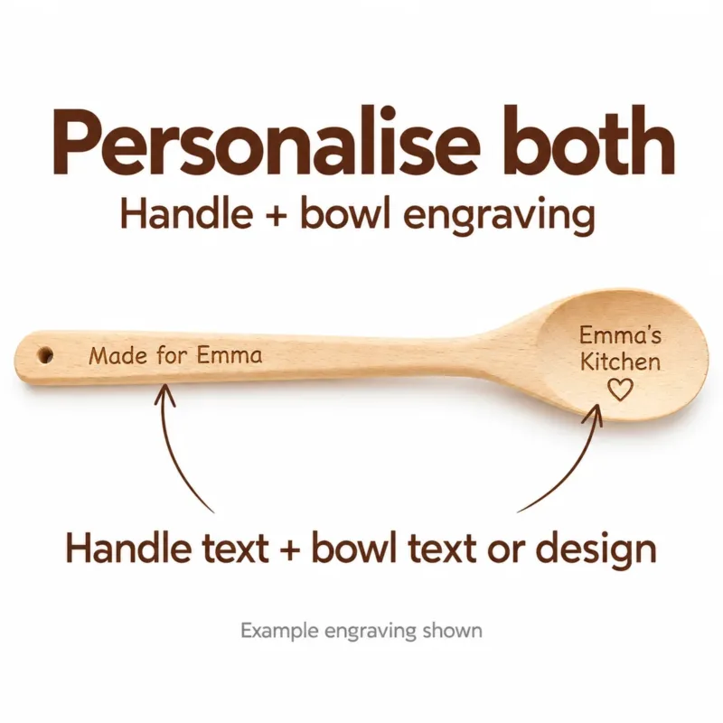 Custom wooden spoon showing engraving positions on both the handle and bowl, with example text and a heart design.
