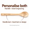 Custom wooden spoon with handle text and bowl text oriented to read upright when held handle-up, with an example heart design.