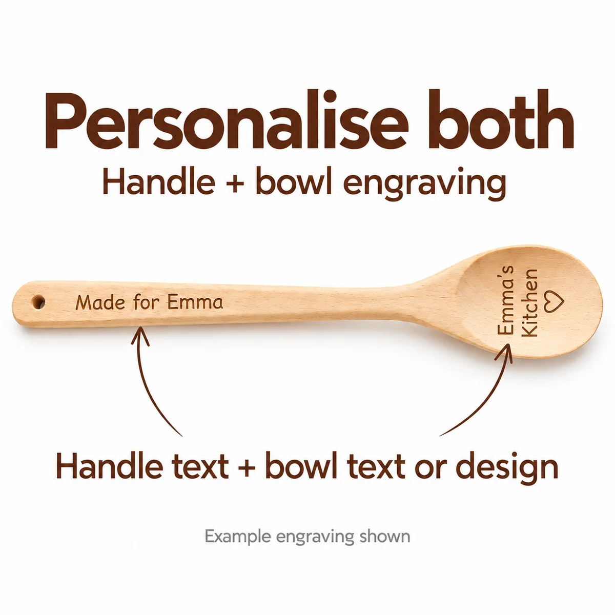 Custom wooden spoon with handle text and bowl text oriented to read upright when held handle-up, with an example heart design.