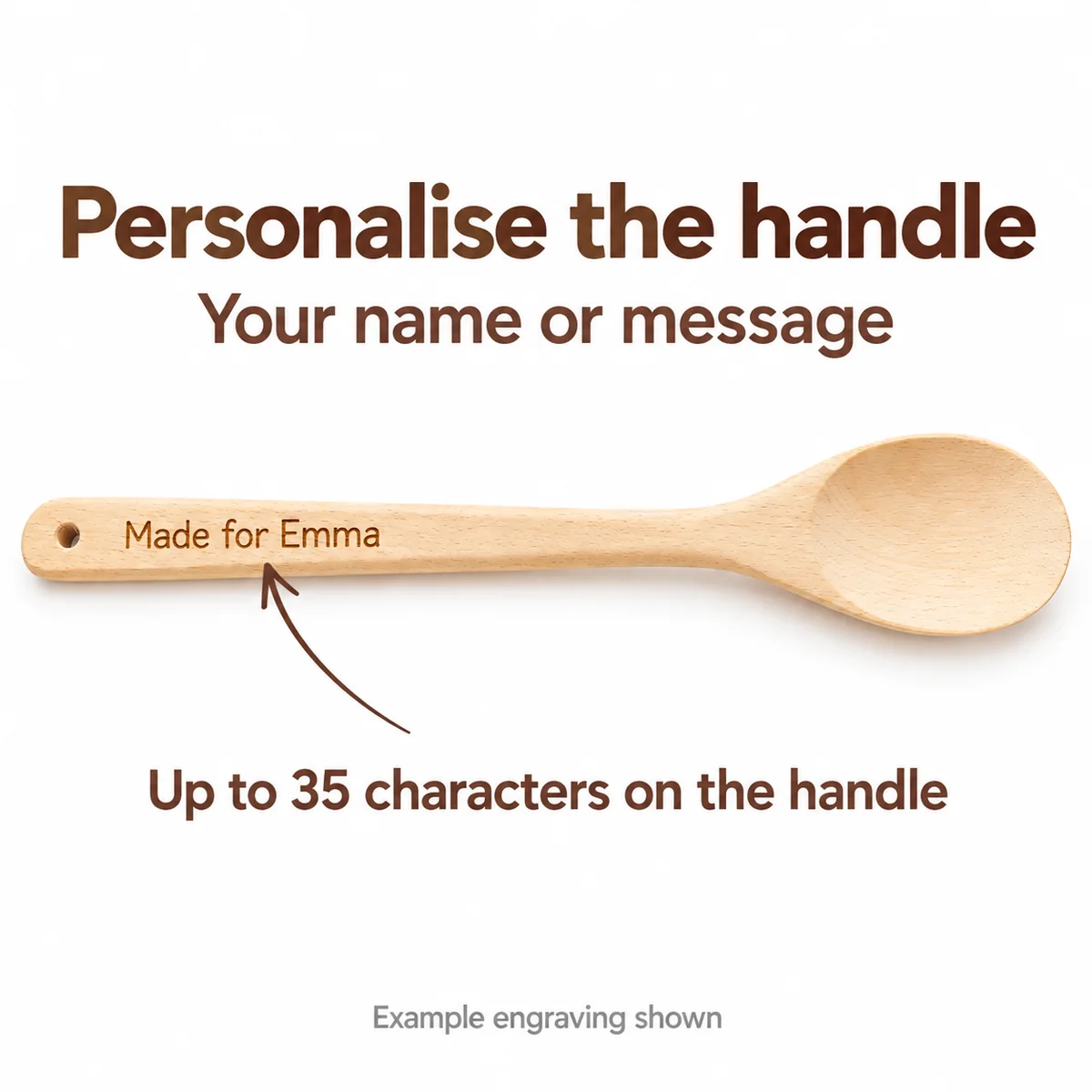 Custom wooden spoon showing example Made for Emma text on the handle and a blank bowl.