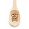 Just Here to Stir the Pot engraved wooden spoon, close-up of the engraved bowl on a white background