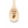 Lick Me engraved wooden spoon, close-up of the engraved bowl on a white background