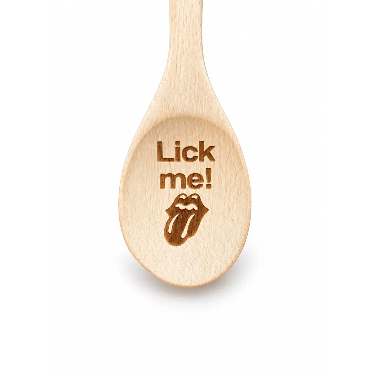 Lick Me engraved wooden spoon, close-up of the engraved bowl on a white background