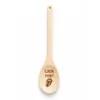 Lick me engraved wooden spoon with tongue design, full length on a white background