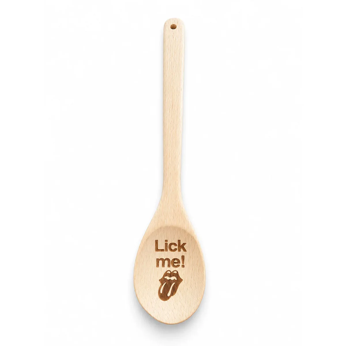 Lick me engraved wooden spoon with tongue design, full length on a white background