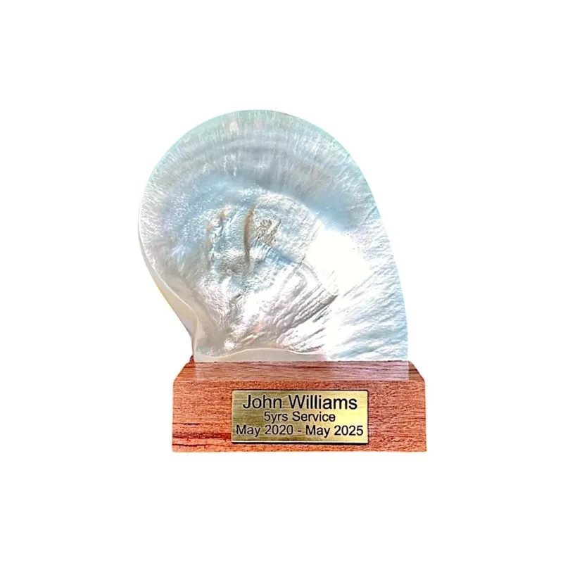 Mounted pearl shell award with custom engraved plate made in Broome