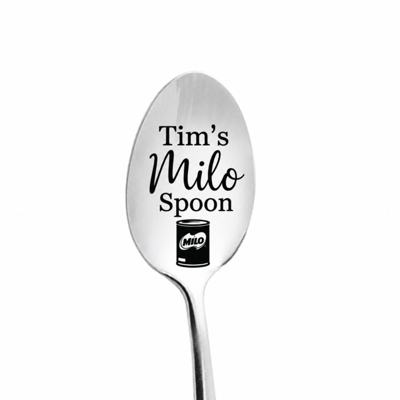 Stainless steel milo spoon engraved with the sample name Tim’s on the spoon bowl