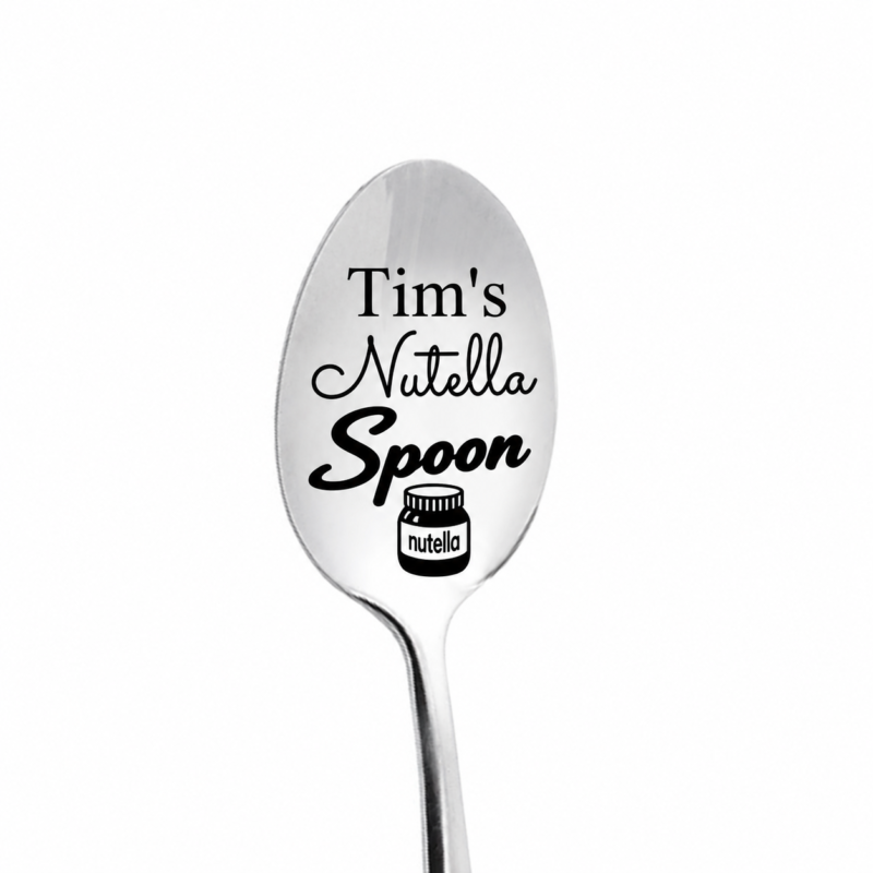 Stainless steel nutella spoon engraved with the sample name Tim’s on the spoon bowl