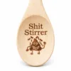 Shit Stirrer Engraved Wooden Spoon, close-up of the pictured bowl engraving, white background