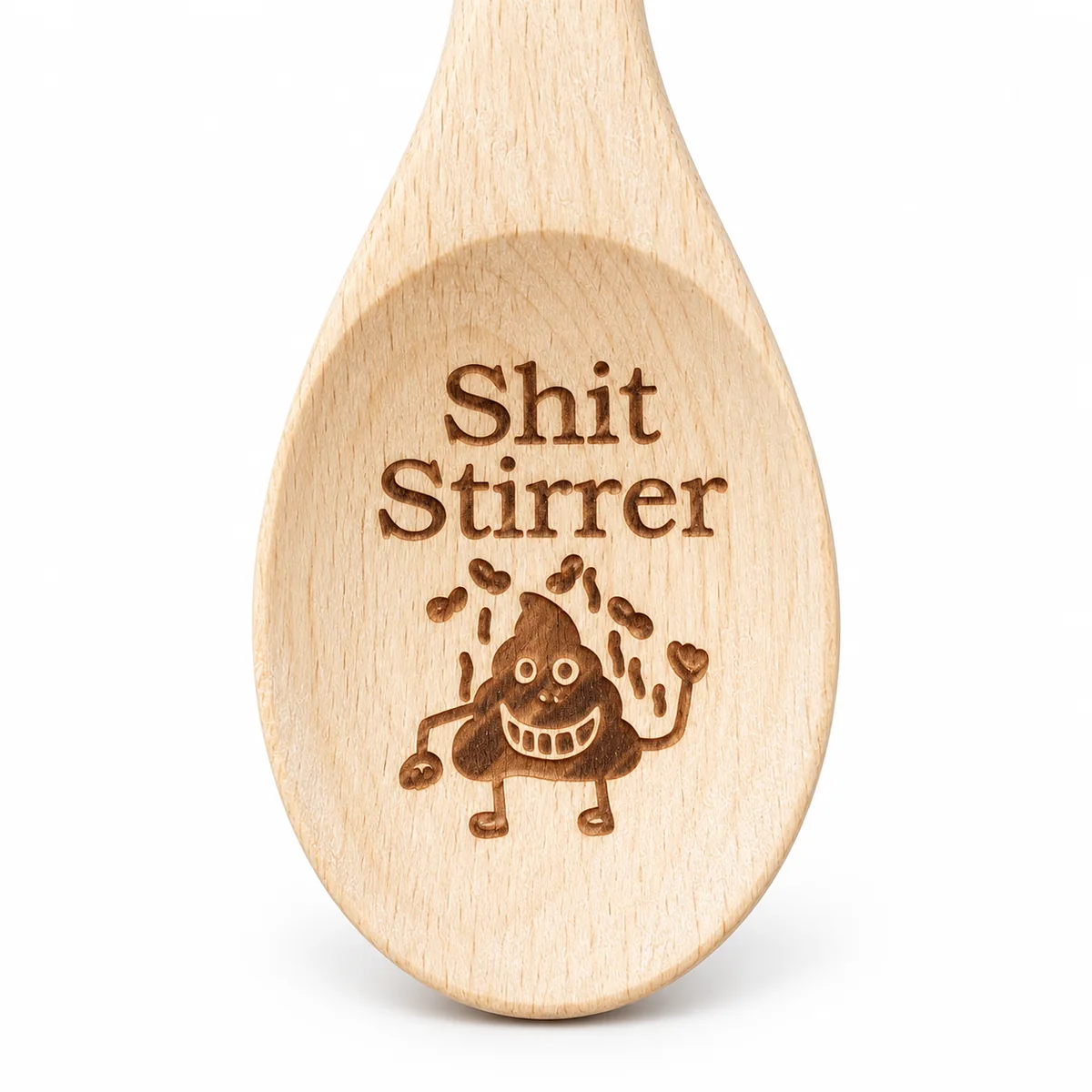 Shit Stirrer Engraved Wooden Spoon, close-up of the pictured bowl engraving, white background