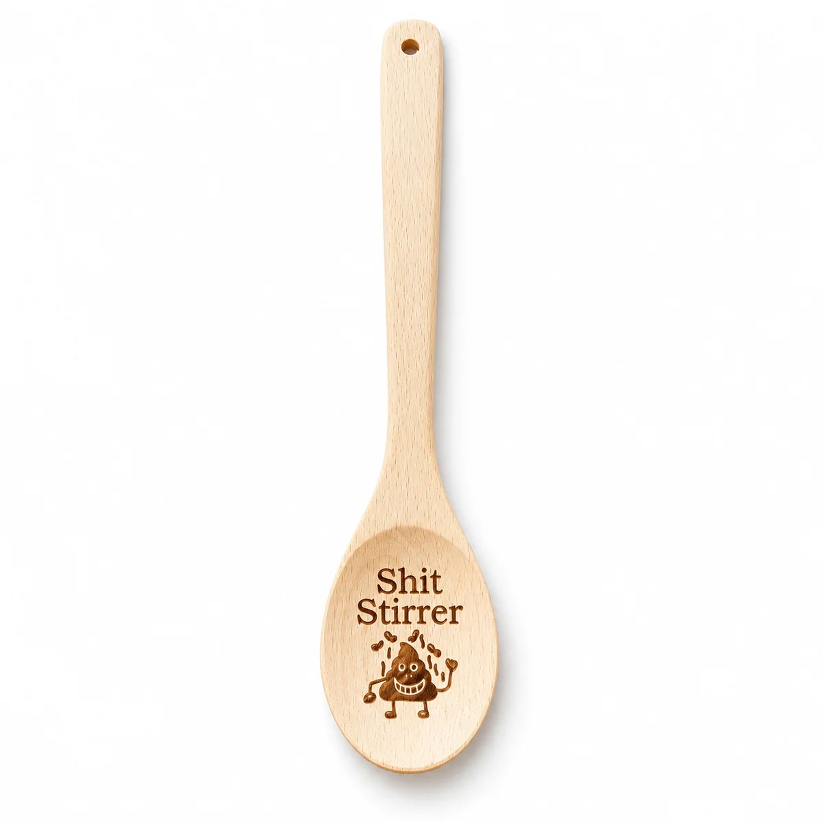 Shit Stirrer Engraved Wooden Spoon, full wooden spoon on a white background