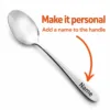 Stainless steel teaspoon showing the position of personalised name engraving on the handle.