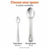 Stainless steel spoon size guide: soda spoon 19.3 cm and serving spoon 33 cm.