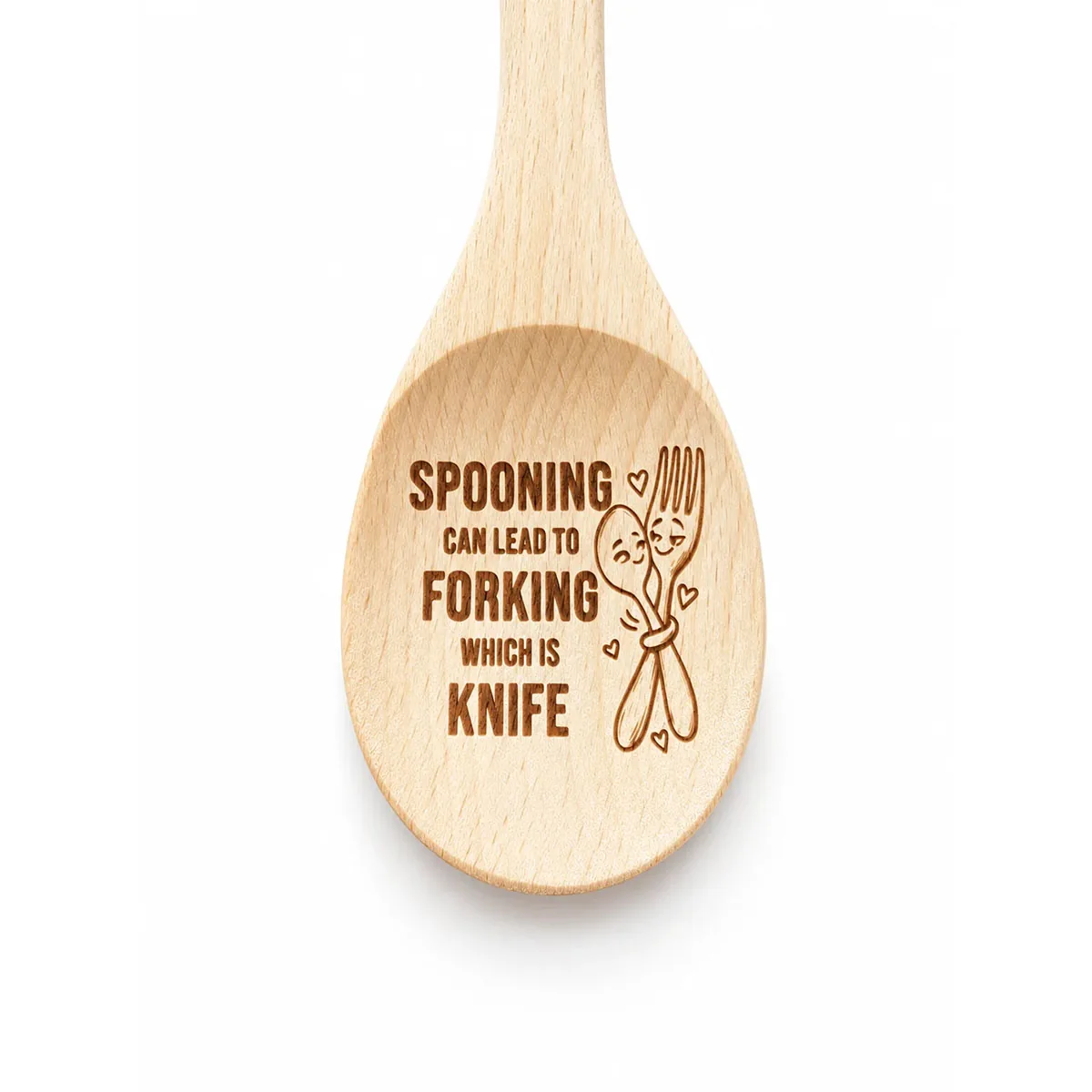 Spooning Can Lead to Forking Which Is Knife engraved wooden spoon, close-up of the engraved bowl on a white background