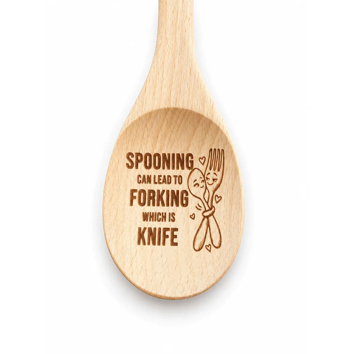 Spooning Can Lead to Forking Which Is Knife engraved wooden spoon, close-up of the engraved bowl on a white background