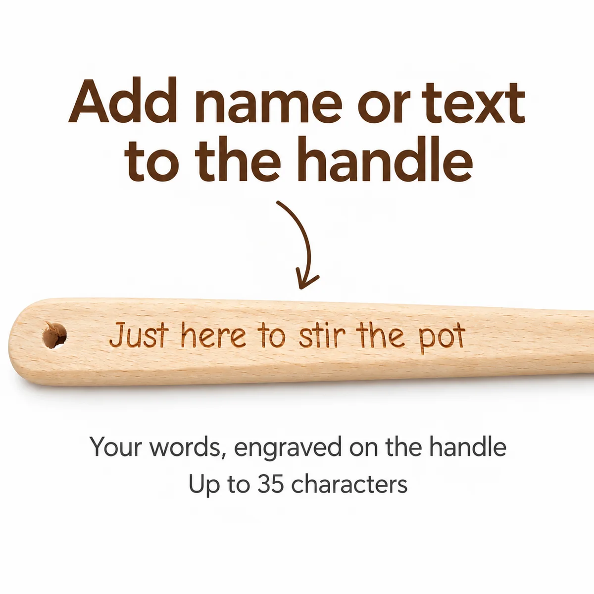 Add name or text to the wooden spoon handle, showing the engraving area and 35 character limit.