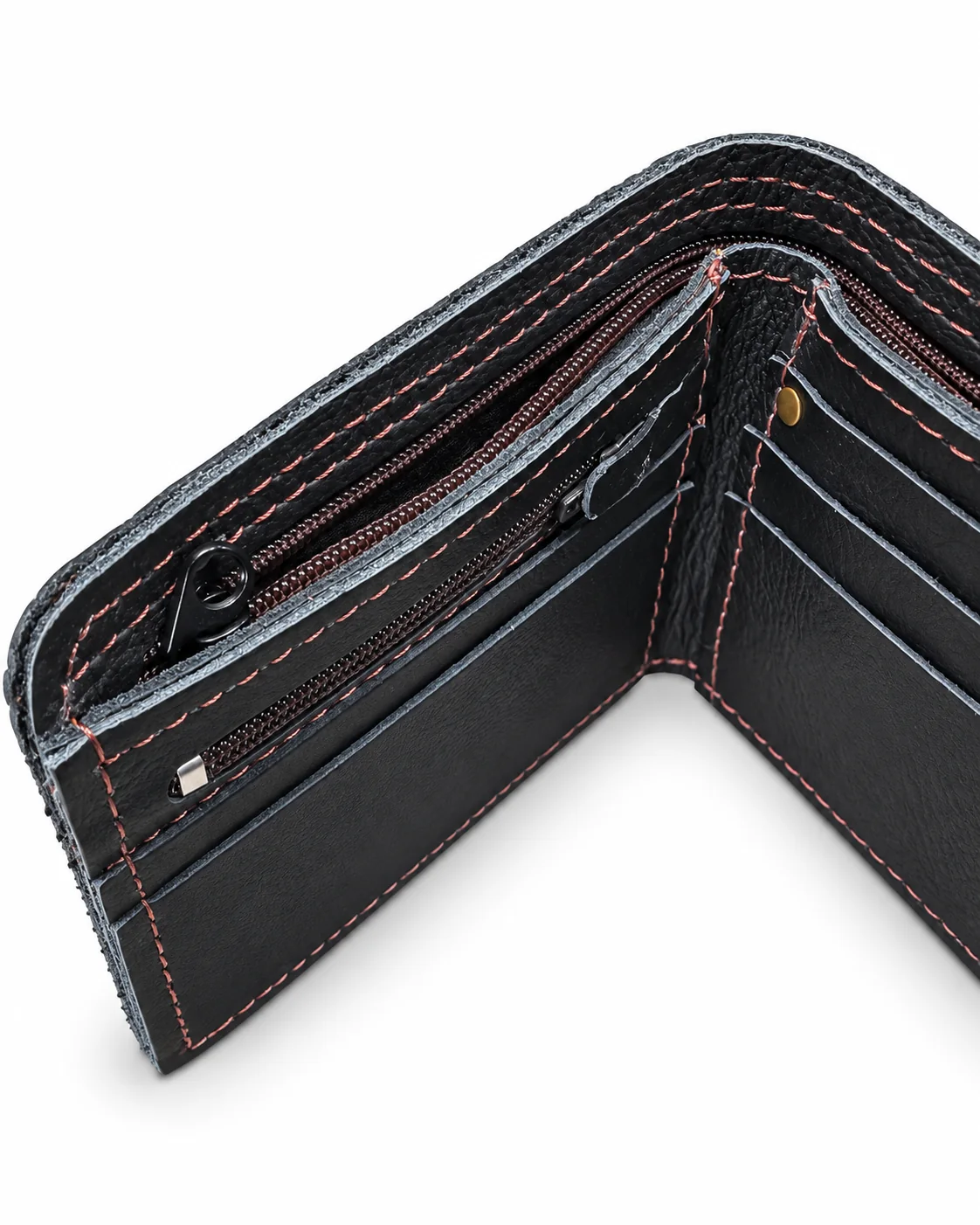 black wallet open angled zip compartment